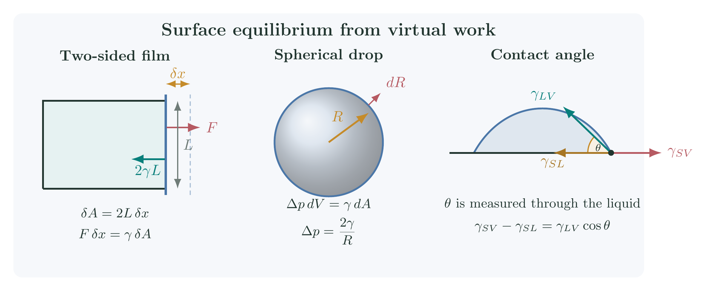 Virtual-work balances for a soap film, a spherical drop and a liquid contact angle