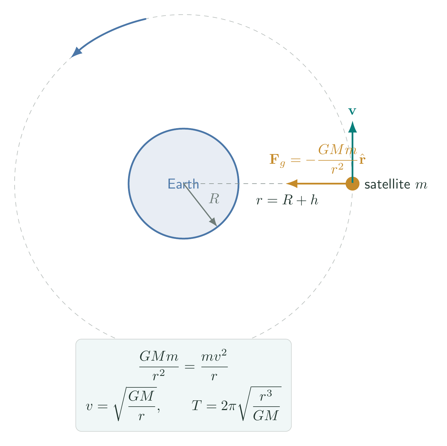Circular satellite orbit with the inward gravitational force and tangential velocity