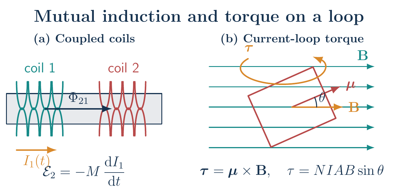 Coupled-coil mutual-induction schematic and torque on a current loop in a uniform magnetic field