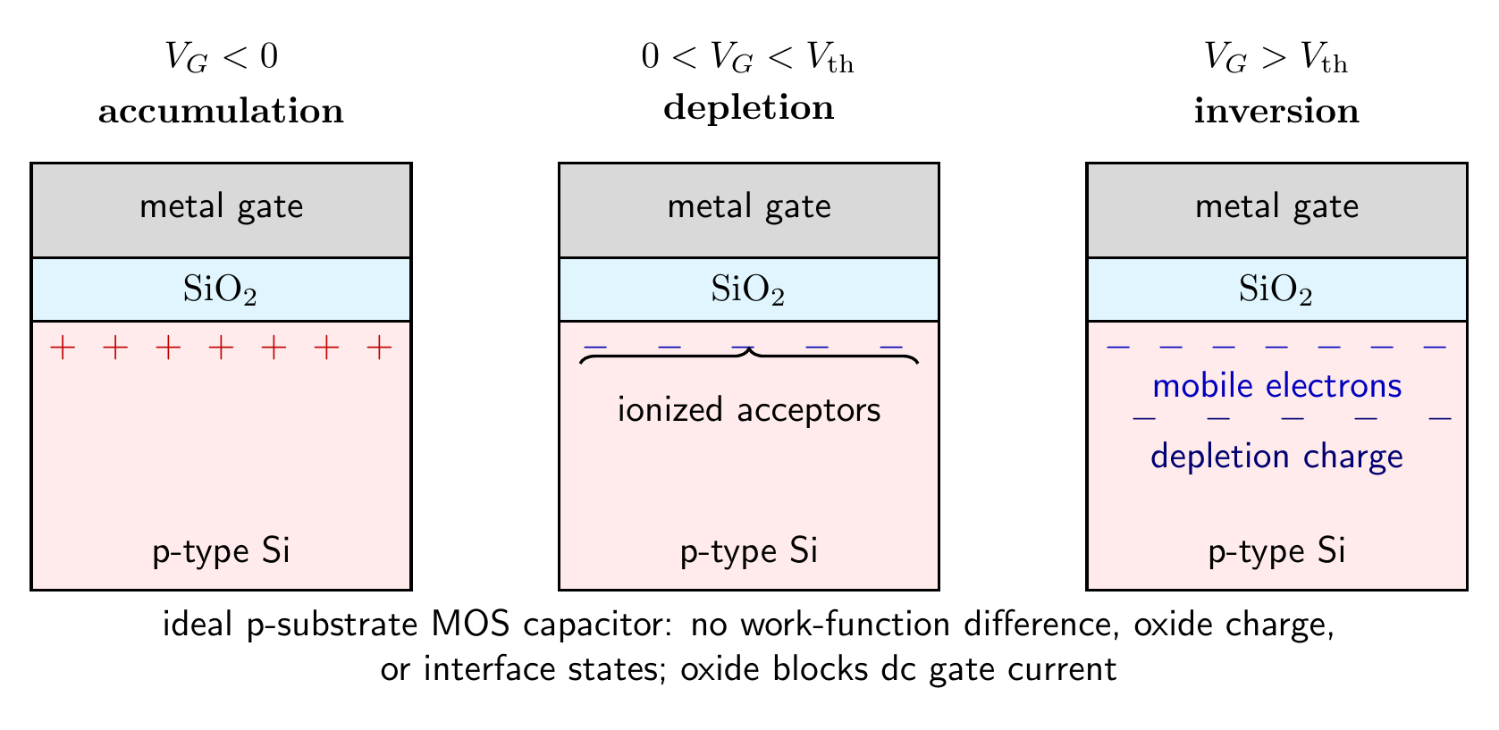 Accumulation, depletion, and inversion in an ideal p-substrate MOS capacitor