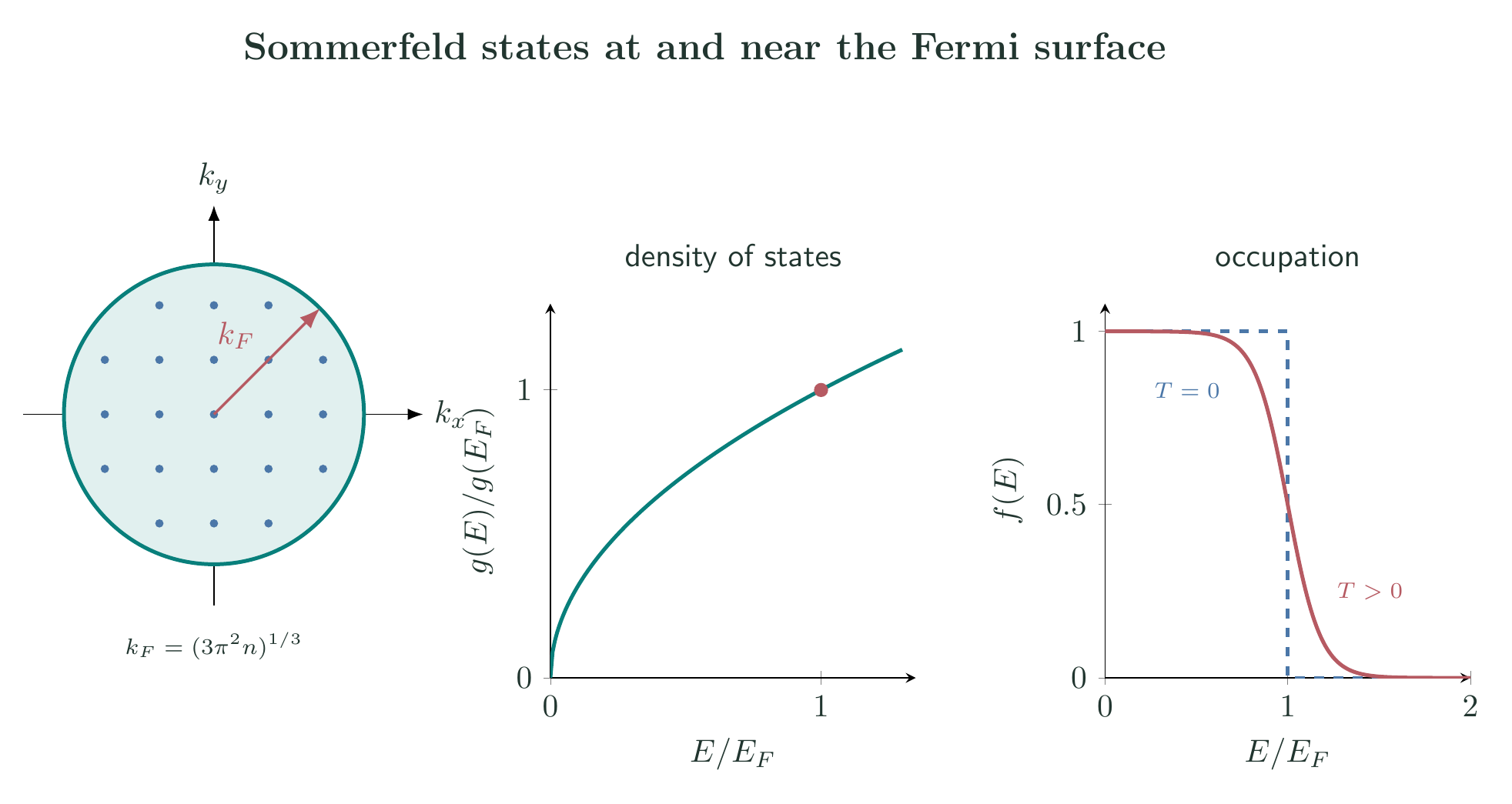Fermi sphere, square-root free-electron density of states, and Fermi-Dirac occupation near the Fermi energy