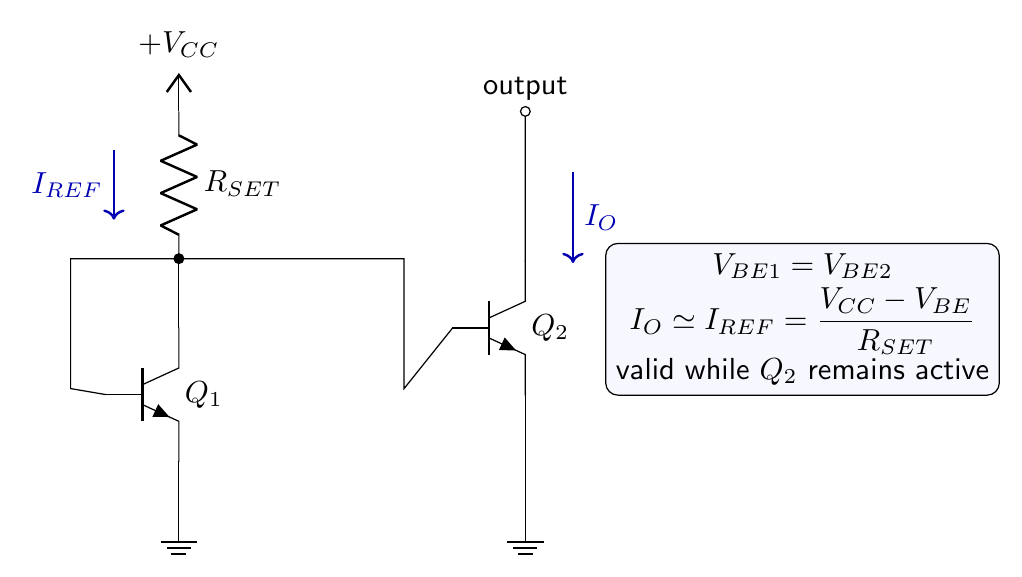 Two-transistor NPN current mirror with a resistor setting the reference current and an output collector supplying the mirrored sink current