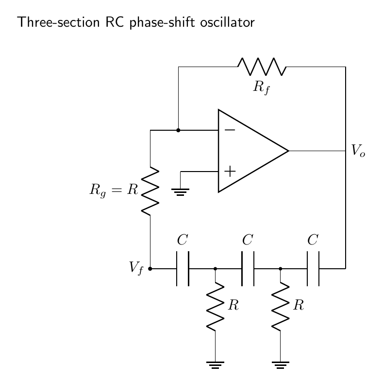 Op-amp phase-shift oscillator with an inverting amplifier and three equal cascaded CR sections