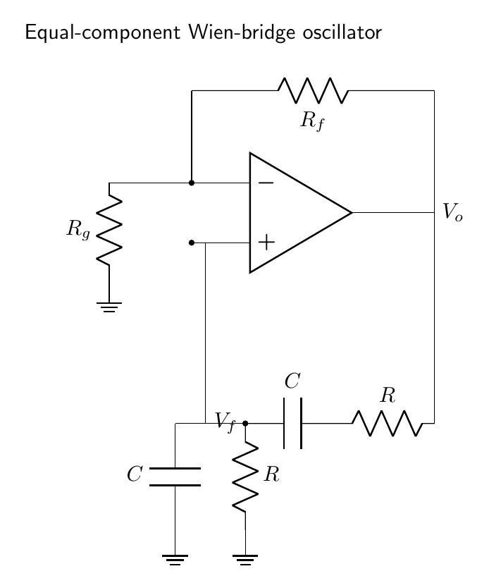 Op-amp Wien bridge oscillator with series RC positive feedback and parallel RC shunt arm