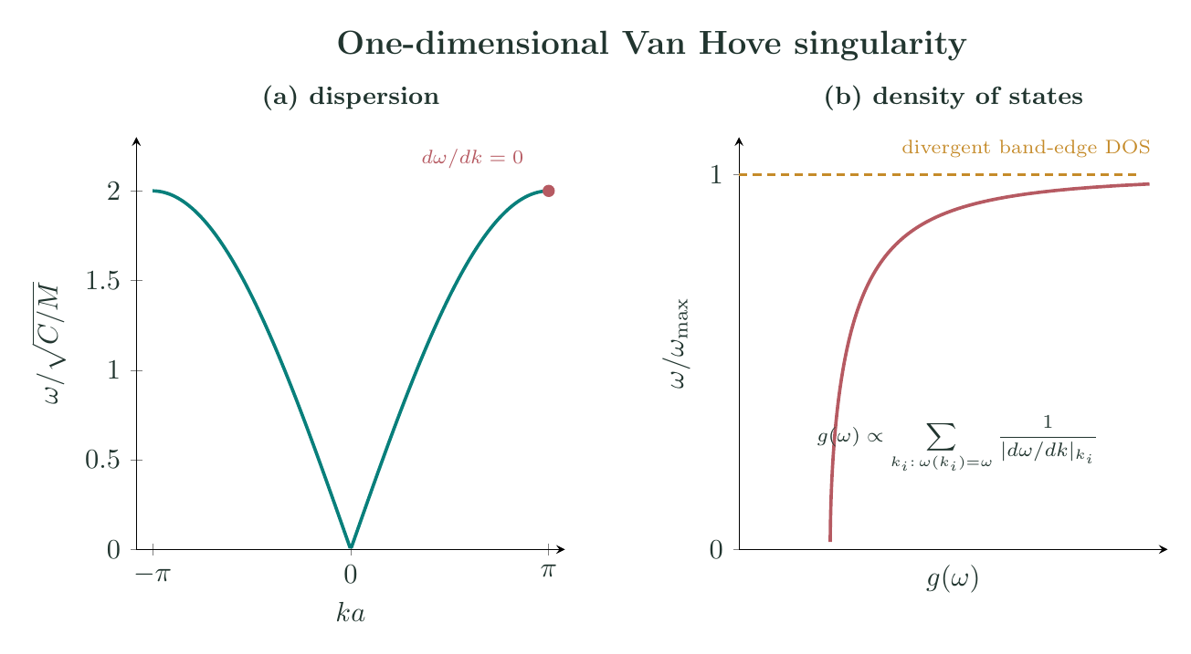 One-dimensional phonon dispersion beside its density of states, showing enhancement where the group velocity vanishes