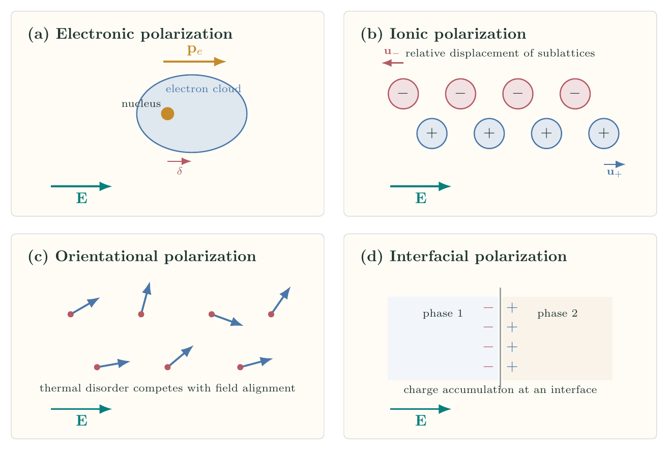 Electronic ionic orientational and interfacial polarization mechanisms in a dielectric